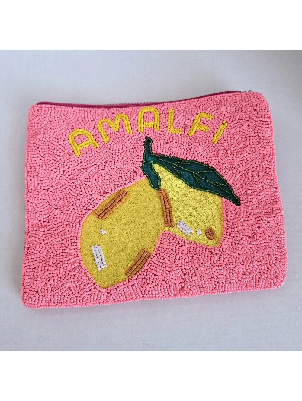 NWT A&B Express Edit Amalfi Beaded Coin Purse/Pouch/Wristlet Pink w Lemons